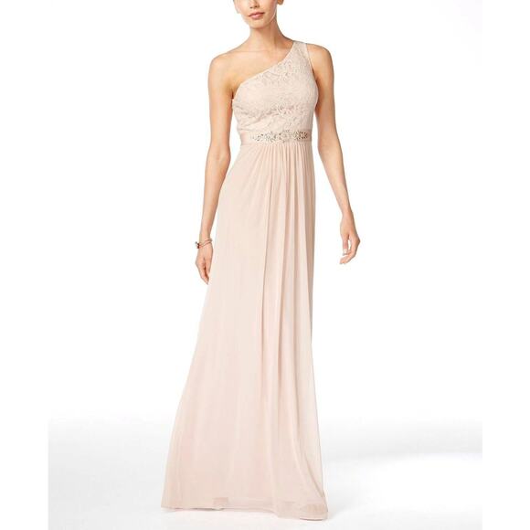 Adrianna Papell Women Pink One Shoulder Beaded Lace Gown Dress Size 12 NEW - Picture 1 of 7